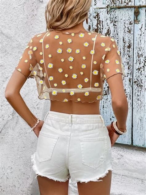 Blusa Top Malla Estampado Margarita Camel El Club Del Guardarropa