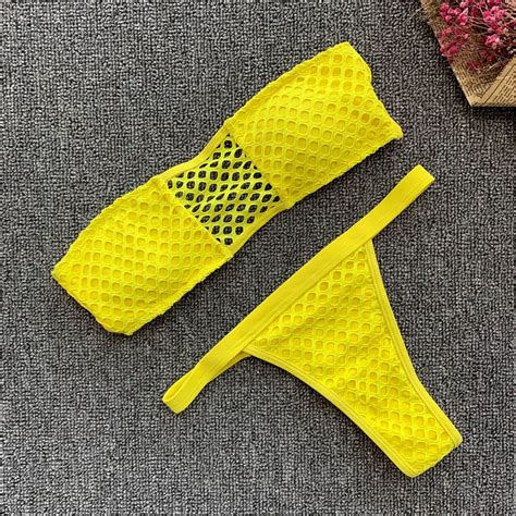 Bandeau Micro Bikini Women Yellow Strapless Mesh Push Up Swimwear Sexy Solid Cut Out Brazilian