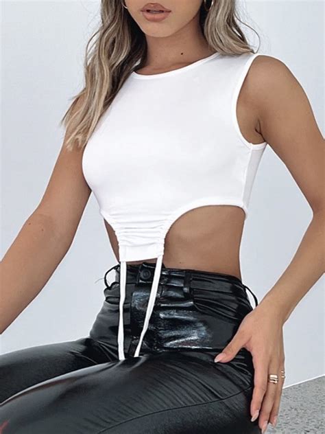 Emmiol Free Shipping 2024 Lace Up Asymmetric Cropped Tank Top White S