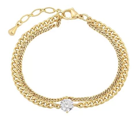 Brazalete Oro 14k Lam Doble Esclava Swarovski 20cm Ajustable Meses