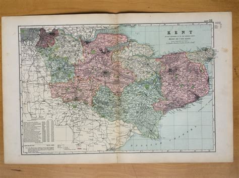 1896 Kent Large Original Antique Map Showing Railways Stations Canals Crossroads Uk County