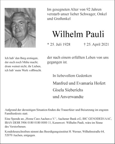 Traueranzeigen Von Wilhelm Pauli Aachen Gedenkt