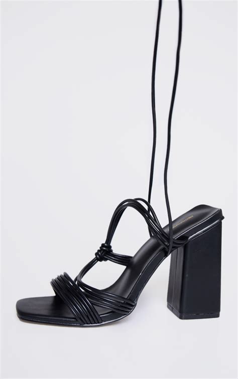 Black Pu Square Toe Strappy Block Heeled Sandals Footwear