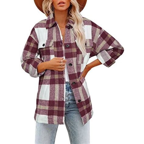 Rosfancy Womens Flannel Plaid Shacket Jackets Button Down Long Sleeve Oversized Coats Outwear S