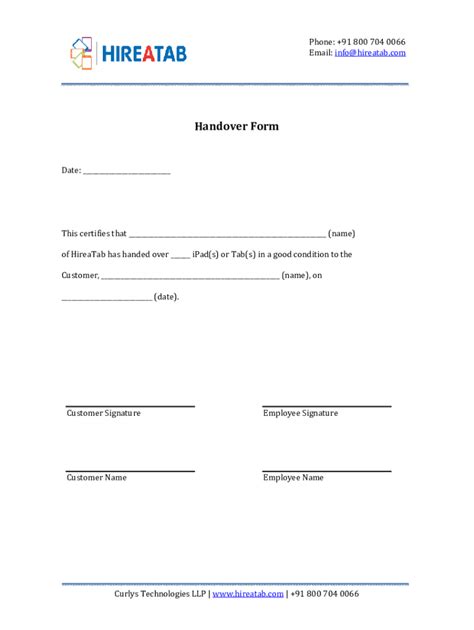 Fillable Online Handover Form Docx Fax Email Print Pdffiller