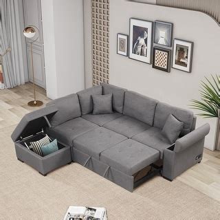 L Shape Convertible Sofa Bed Velvet Sectional Sofa W Storage Ottoman