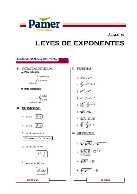 Álgebra libro de formulas LEYES DE EXPONENTES LGEBRA I NOTACIN