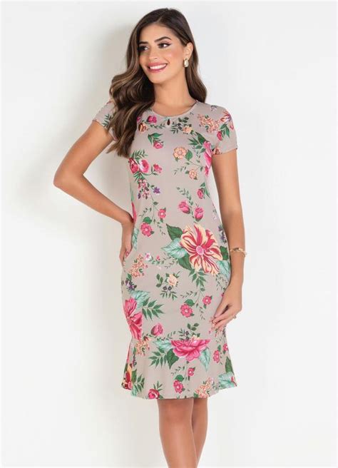 Vestido Tubinho Floral Bege Moda Evang Lica Rosalie