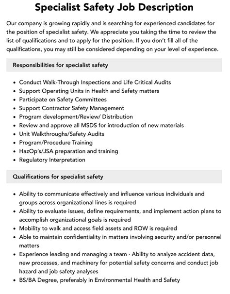 Specialist Safety Job Description Velvet Jobs