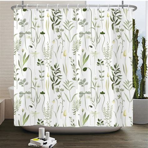 Green Plant Leaves Print Shower Curtains Watercolor Boho Floral