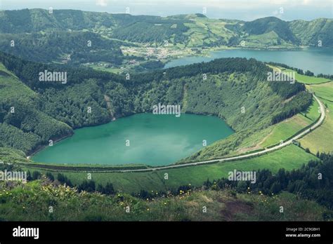 Aerial View Of Boca Do Inferno Lakes In Sete Cidades Volcanic Craters