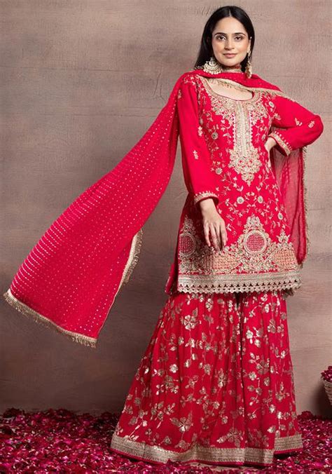 Buy Women Fuchsia Pink Floral Sequin Embroidered Sharara Set With Hand