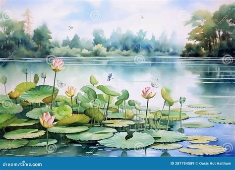 Watercolor Painting Of Lotus Flowers And Leaves In Water In An