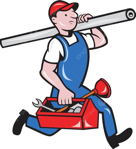 Plumber With Pipe Toolbox Cartoon Plumber Plunger Handyman Vector