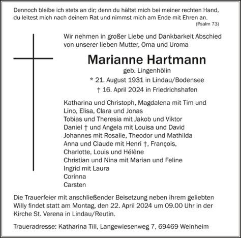 Traueranzeigen Von Marianne Hartmann Schwaebische De Trauerportal