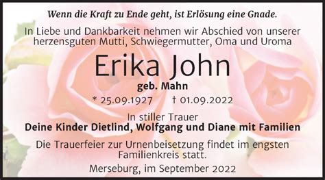 Traueranzeigen Von Erika John Abschied Nehmen De