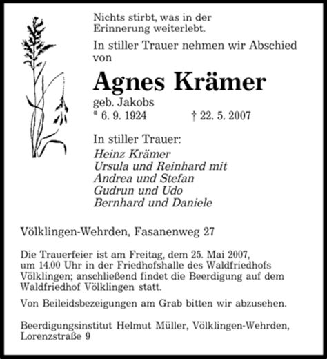 Traueranzeigen von Agnes Krämer Saarbruecker Zeitung Trauer de