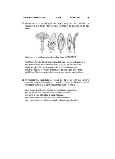 59 Considerando a classificação dos seres vivos em cinco Reinos no