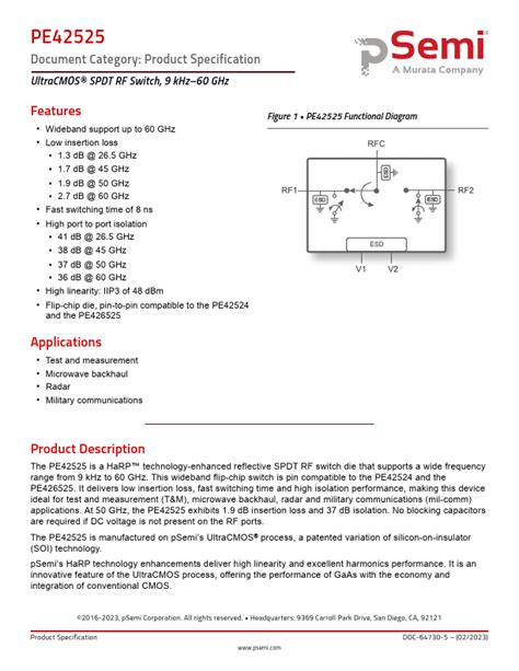 Pe42525 Peregrine Semiconductor Switch Hoja De Datos Ficha Técnica