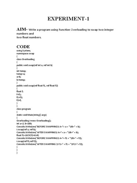 Experiment 1 Write A Program Using Function Overloading To Swap Two Integer Numbers And Two