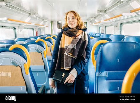 Train Tourism Concept Tourist Woman Passenger Walking Inside The Train