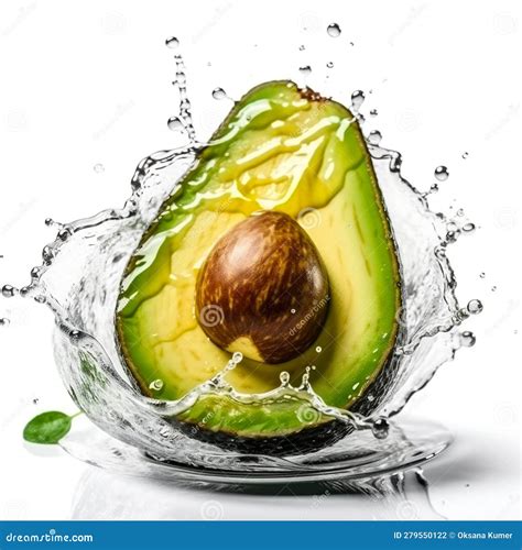 Aguacate Fresco Rebanado Con Salpicadura De Agua Aislado Sobre Fondo