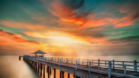 pier, Sunset, Clouds, Ocean