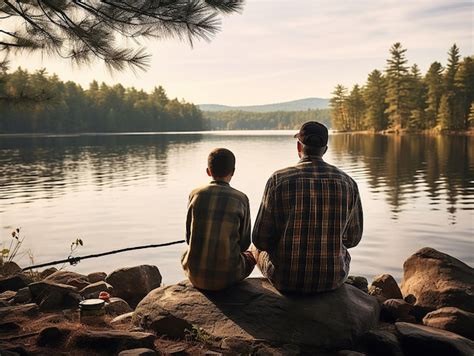 Silueta De Padre E Hijo Sentados Juntos En Las Rocas Pescando En Un