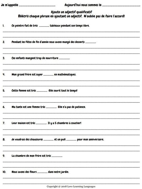 French Descriptive Adjectives Booklet And Exercise Worksheet Adjectives Descriptive French