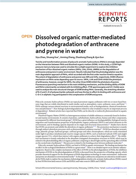 Pdf Dissolved Organic Matter Mediated Photodegradation Of Anthracene