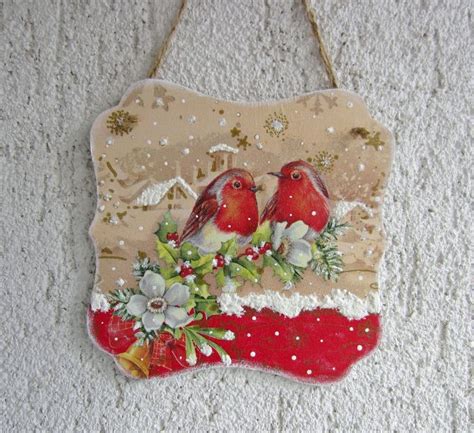 Sparrows Christmas Panel Winter Canvas With Decoupage Wall Hanging