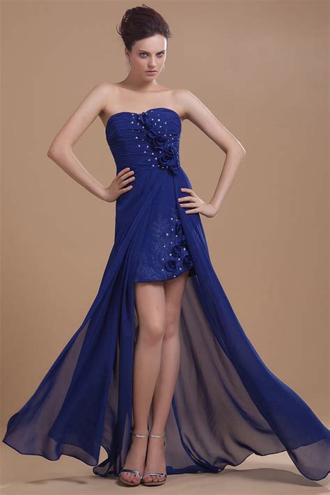 Robe Bleu Courte Devant Longue Derri Re Bustier Vague Orn De Fleurs Et