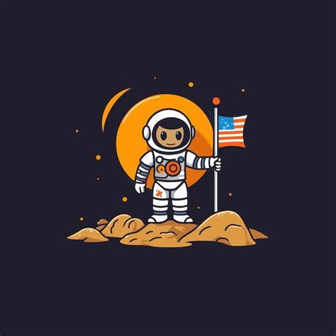 Astronauta bonito segurando ilustração vetorial de bandeira de foguete