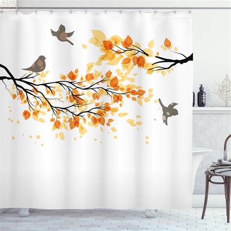 Fall Shower Curtain Branch With Pale Fall Leaves And Birds Natural