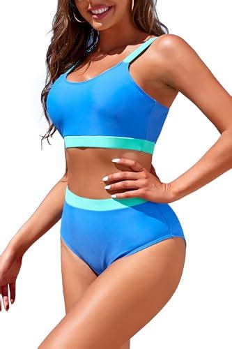 Womens High Waisted Bikini Sets Sporty Crop Top Color Block Swimwear Bandeau Scoop Neck Vintage