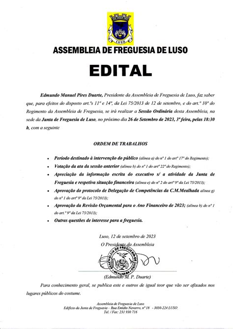 Convocat Ria Assembleia De Freguesia De Luso Setembro Junta