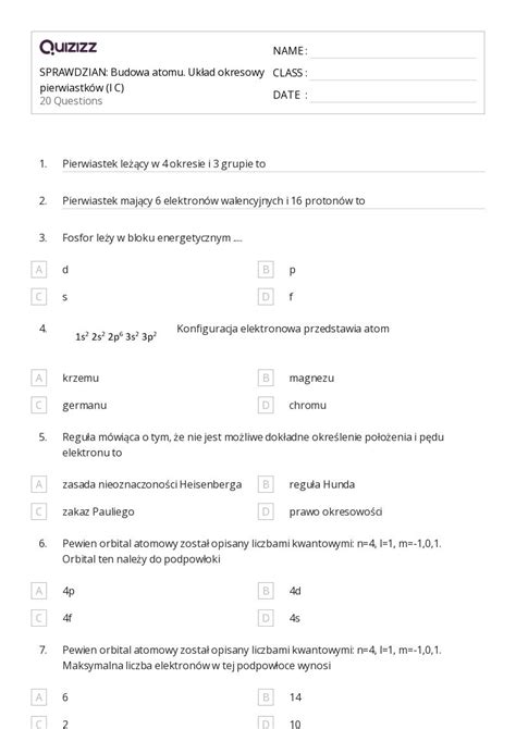 Ponad 50 układ okresowy arkuszy roboczych dla Klasa 12 w Quizizz