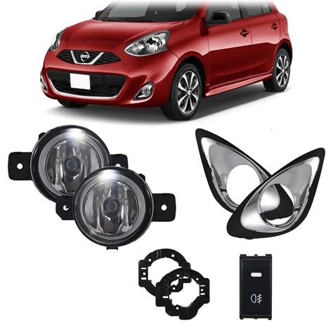 Kit Farol de Milha Nissan March 2014 à 2018 Moldura Cromada e Botão