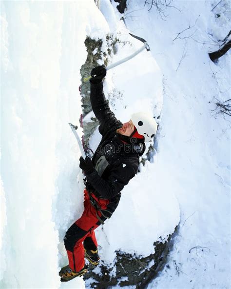 Man Climbing Frozen Waterfall Stock Photo Image Of Climbing Courage