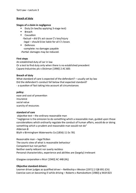 Tort Law Breach Of Duty Tort Law Lecture 3 Breach Of Duty Stages