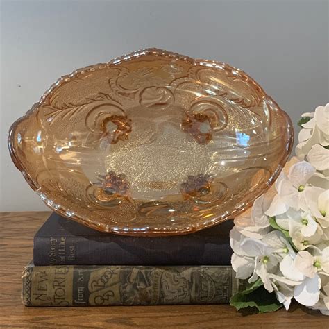 Vintage Jeanette Carnival Glass Bowl Peach Lombardi Marigold Etsy