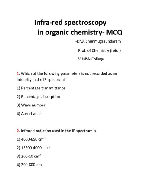 Infra-Red Spectroscopy in Organic Chemistry MCQ | PDF | Infrared ...