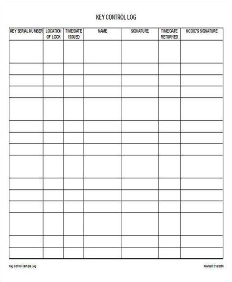 Printable Key Log Template