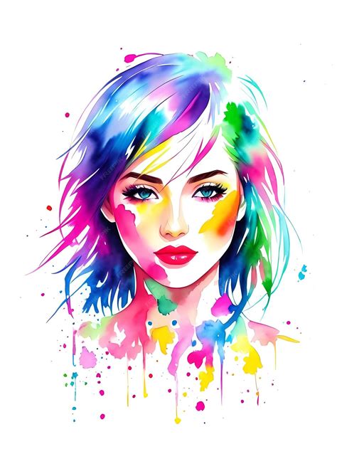 Pintura Em Aquarela De Uma Mulher Com Cabelos Coloridos E Um Cabelo Colorido Do Arco íris