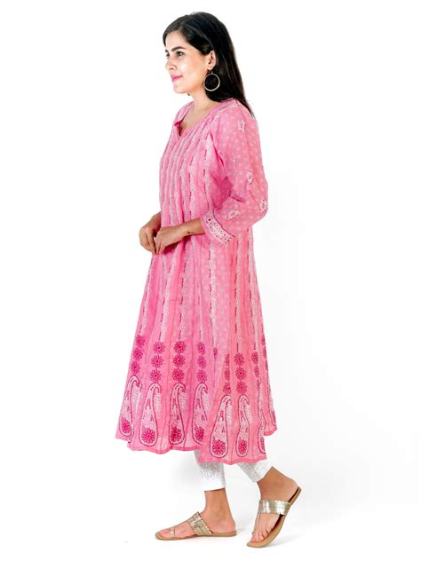 Seva Chikan Hand Embroidered Pink Cotton Lucknowi Chikankari Anarkali