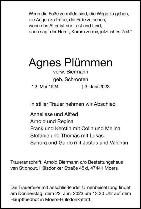 Traueranzeigen von Agnes Plümmen Trauer und Gedenken