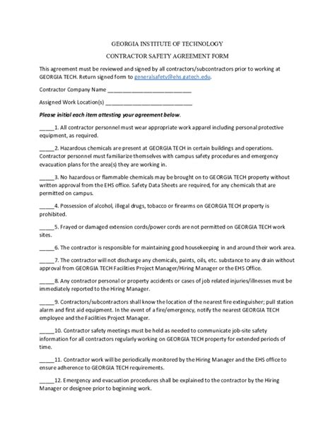 Contractor Safety Agreement Form Georgia Tech Fill Out And Sign