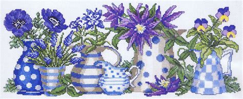 Blue Flowers And Pots Cross Stitch Kit By Permin Of Copenhagen