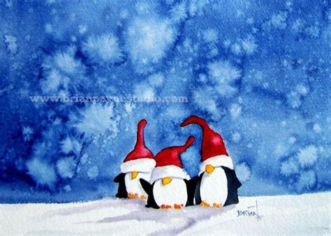 Penguin Trio Watercolor Christmas Cards Christmas Paintings