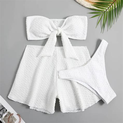 New White High Waist Bikini Sets Women Bandeau Bikini With Shorts